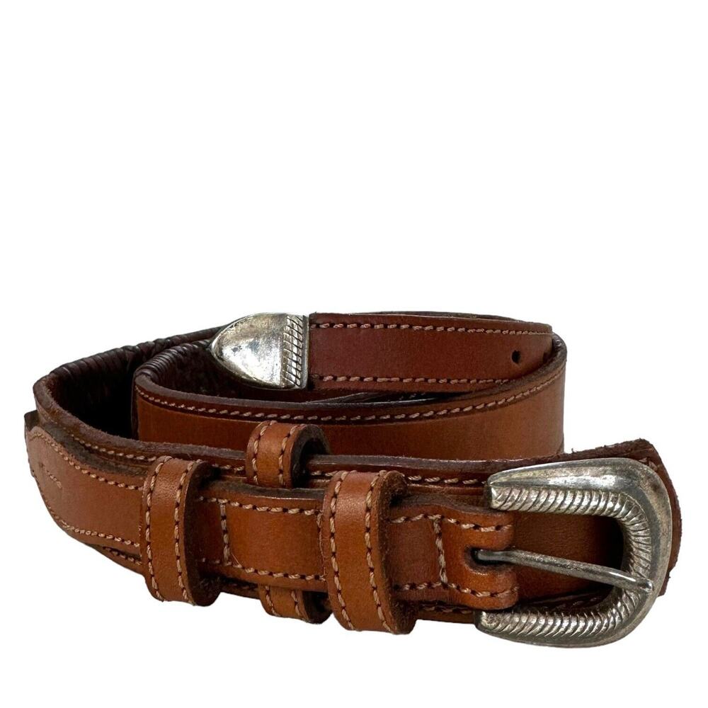 Unisex Western Belt Sz S/M 3D Brown Leather Silver Buckle Braided Details
